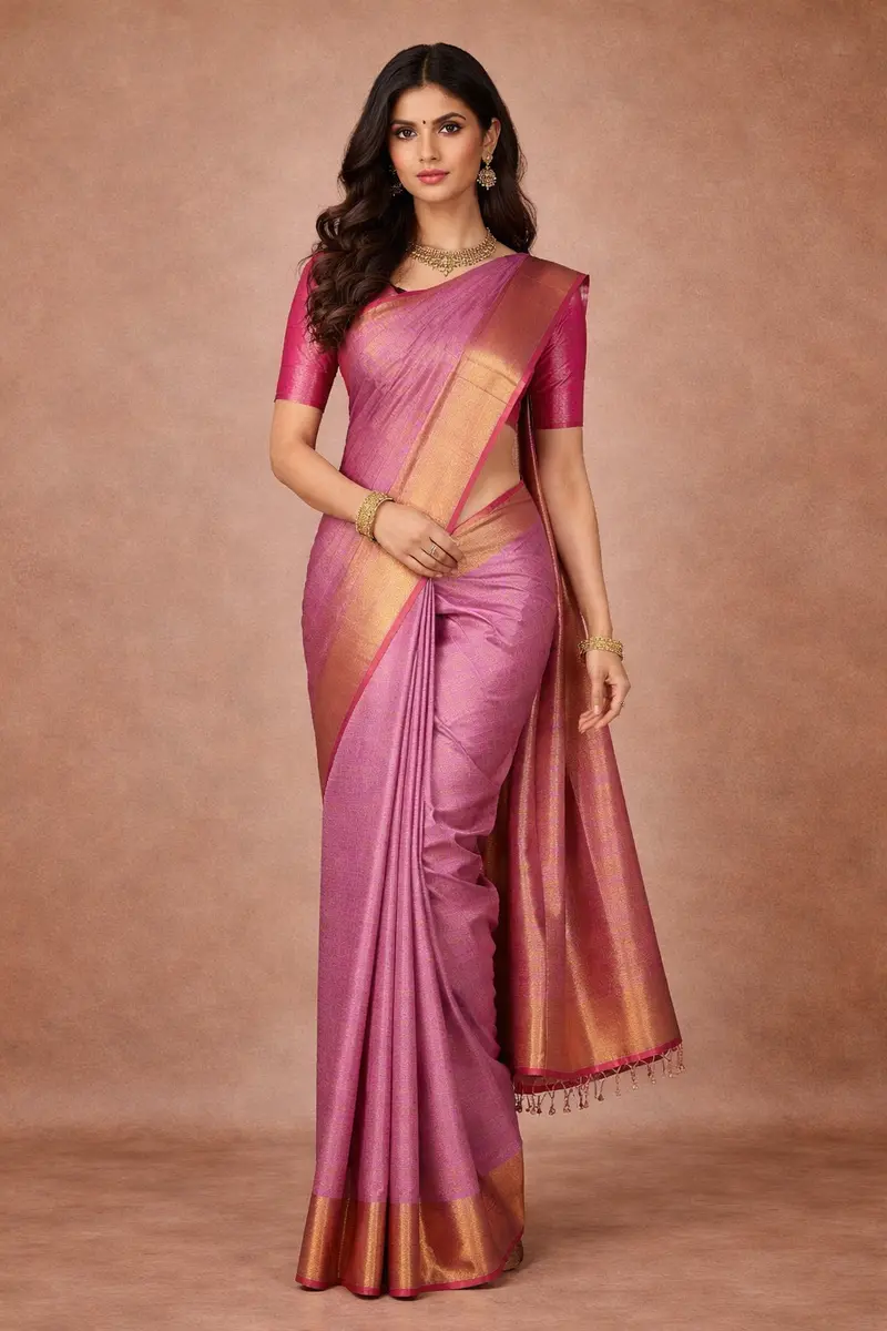 Pink Checked Woven Pure Kanchipuram Silk Saree With Zari Border 1
