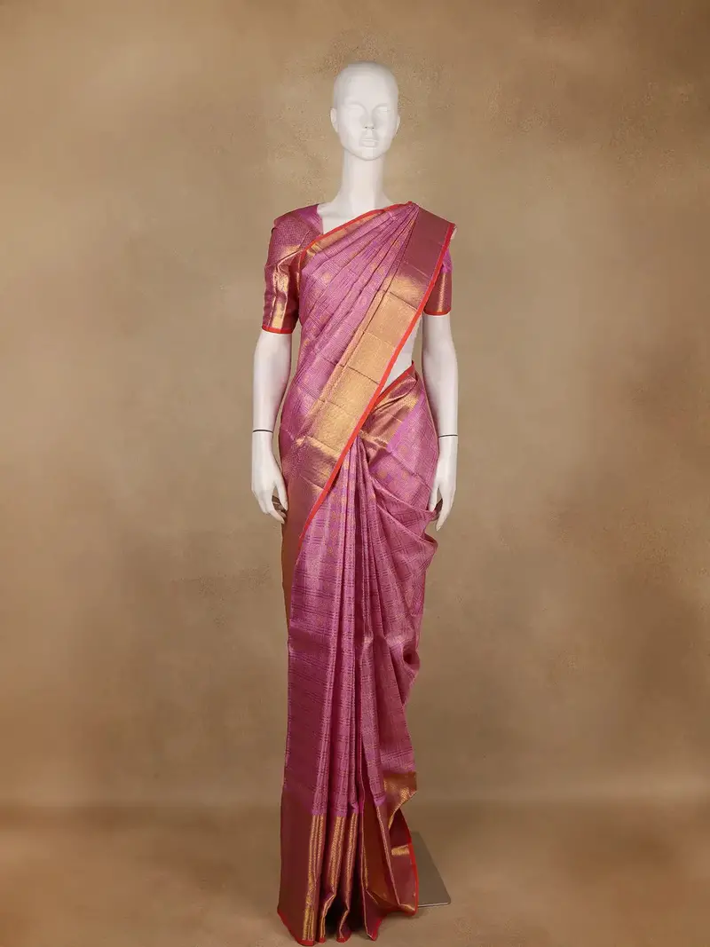Pink Checked Woven Pure Kanchipuram Silk Saree With Zari Border 2