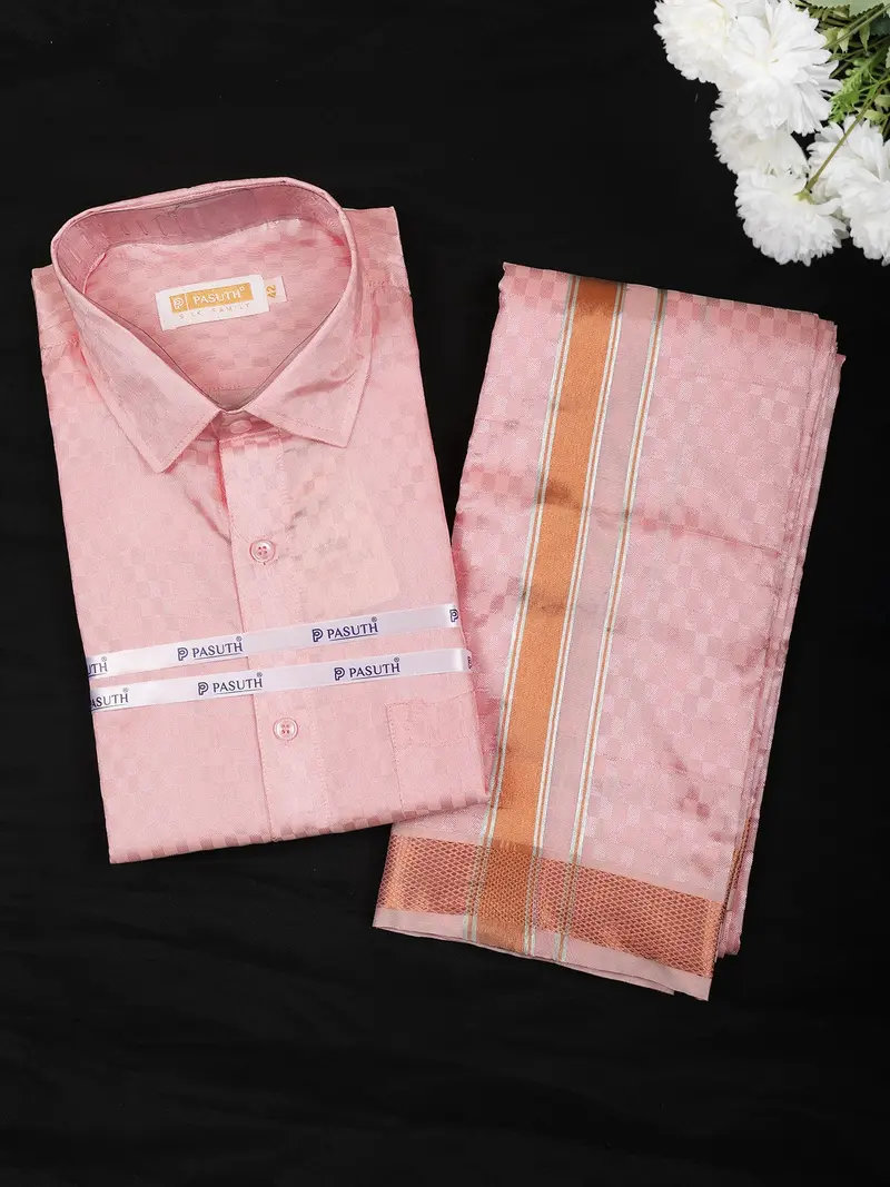 Pink Checked Woven Silk Shirt With Matching Dhoti Featuring Copper And Silver Zari Border 1