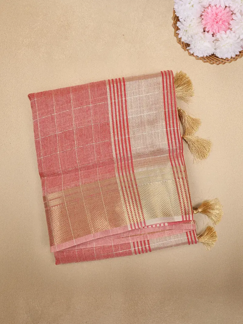Pink Checked Woven Tissue Saree With Zari Border 1