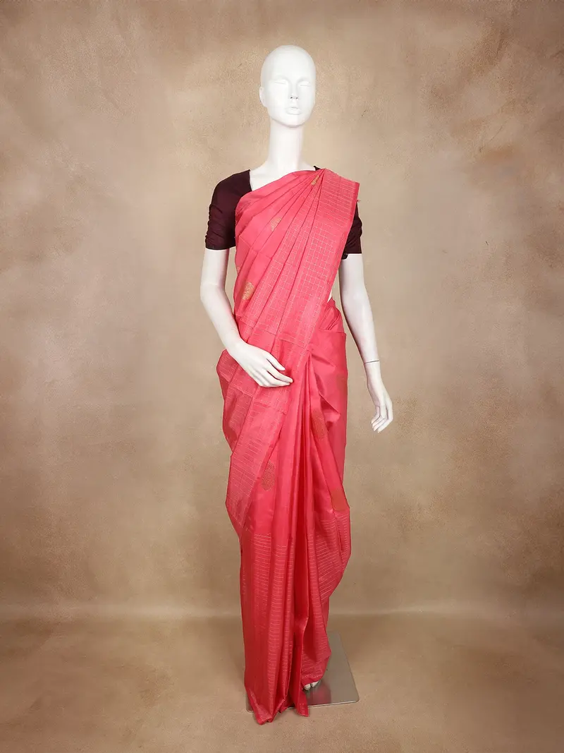 Pink Checked Zari Woven Pure Kanchipuram Silk Saree 1