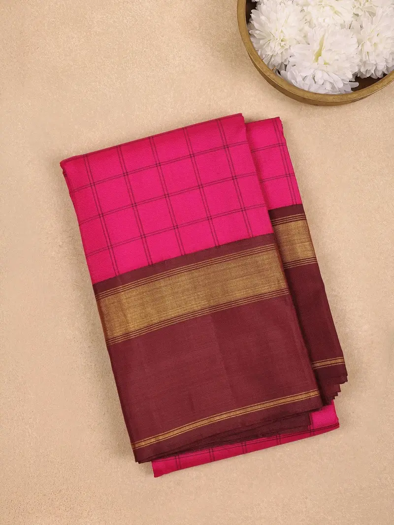 Pink Checkered Woven Pure Kanchipuram Silk Saree 1