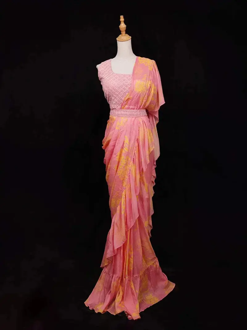Pink Chiffon Ready To Wear Saree With Floral Prints On The Body Paired With Designer Blouse And Waist Belt 1