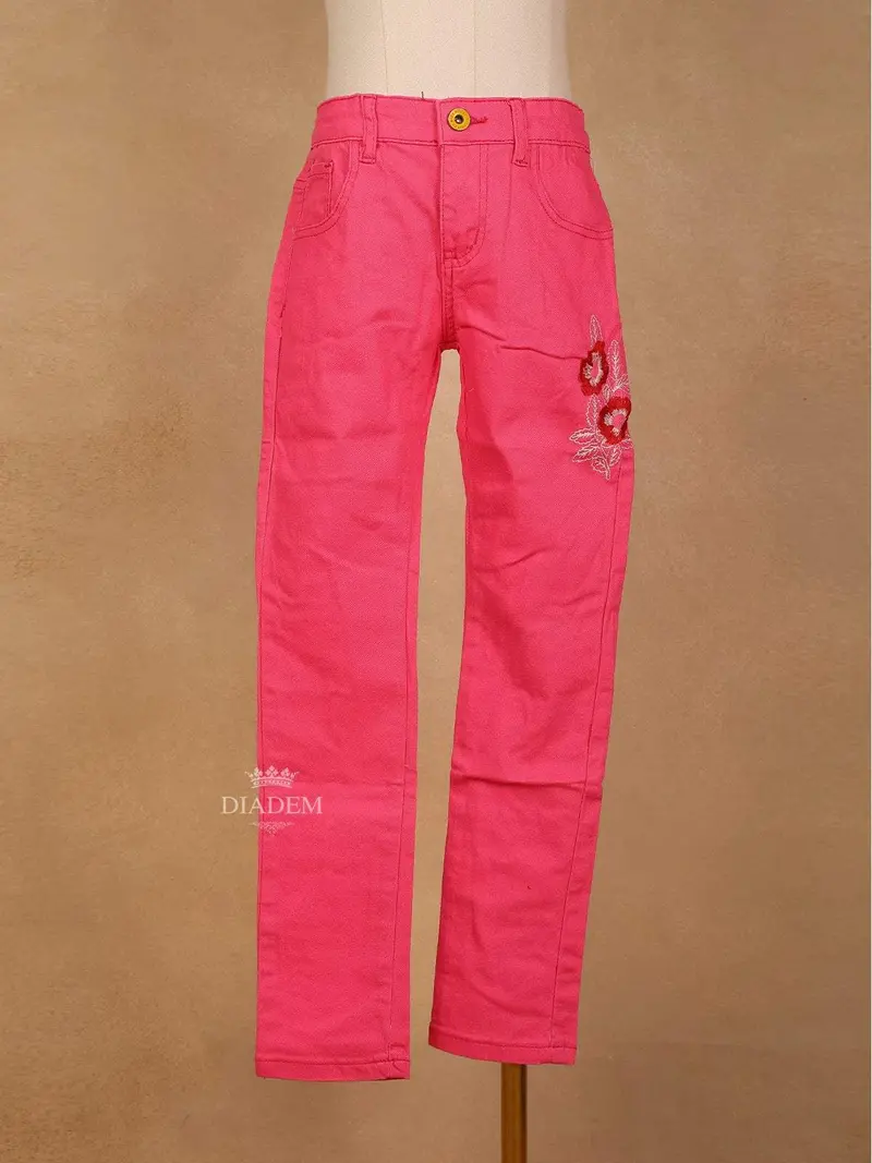 Pink Cotton Blend Denim Pants For Girls 1