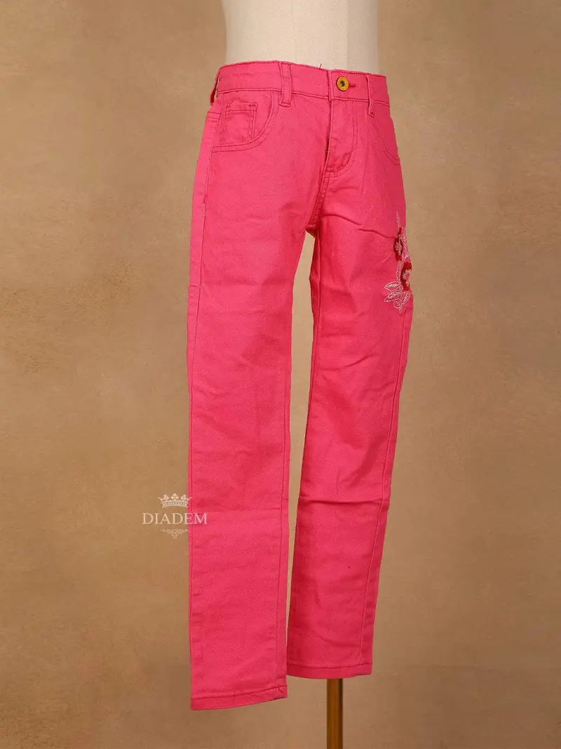 Pink Cotton Blend Denim Pants For Girls 2
