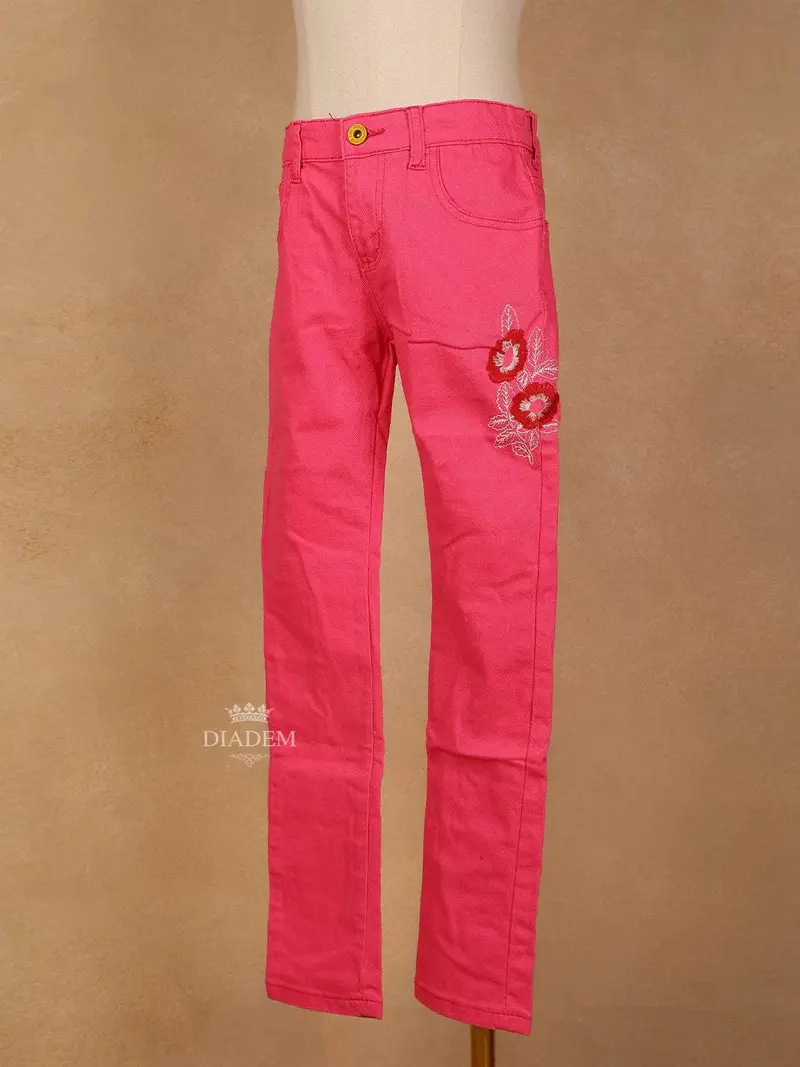 Pink Cotton Blend Denim Pants For Girls 3
