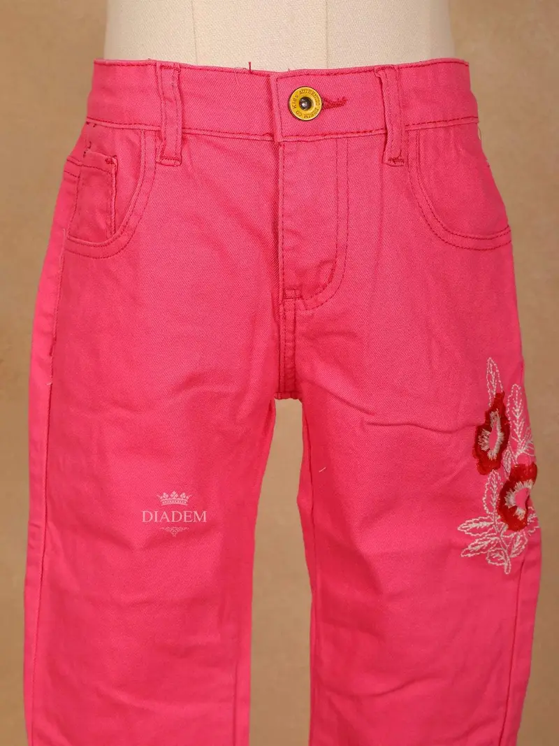 Pink Cotton Blend Denim Pants For Girls 4