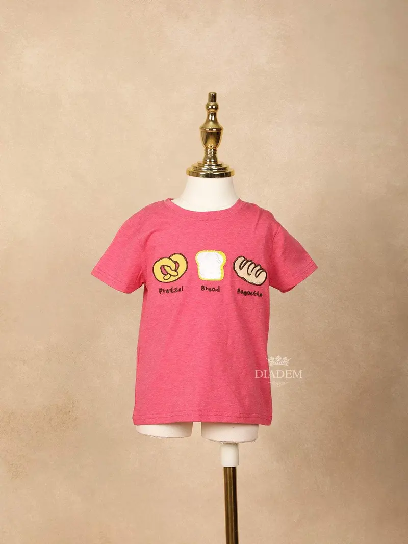 Pink Cotton Half Sleeve T-Shirt For Girls With Threadwork 1