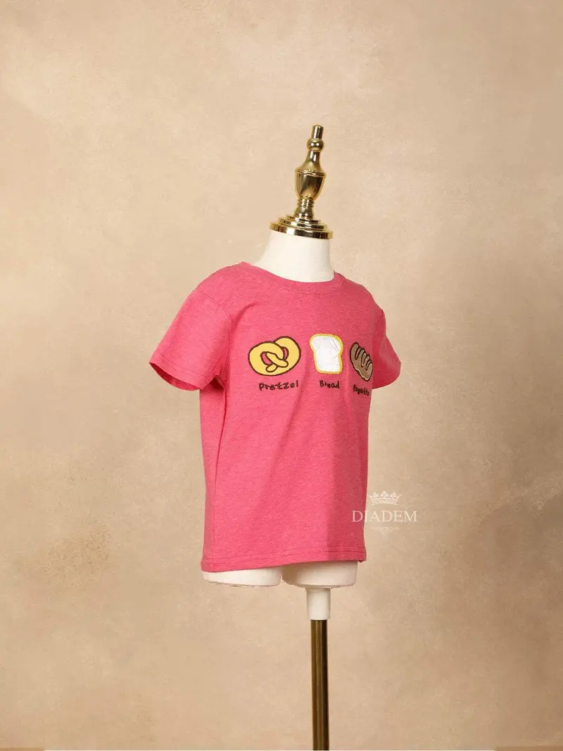 Pink Cotton Half Sleeve T-Shirt For Girls With Threadwork 2