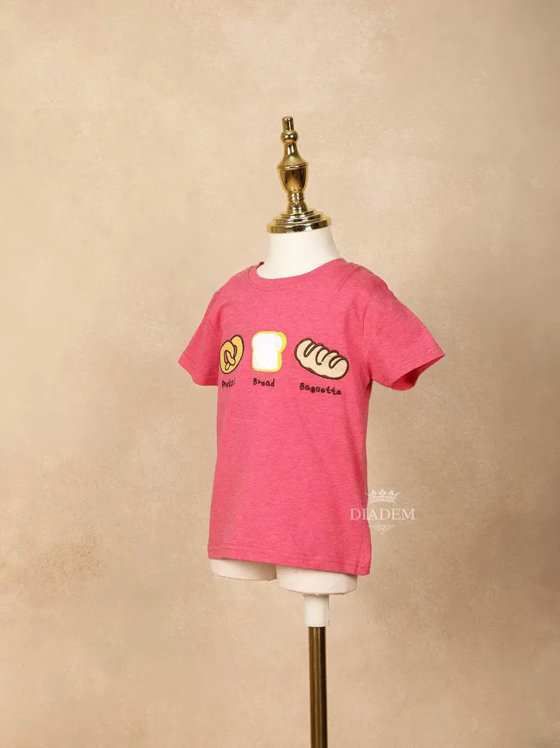 Pink Cotton Half Sleeve T-Shirt For Girls With Threadwork 3