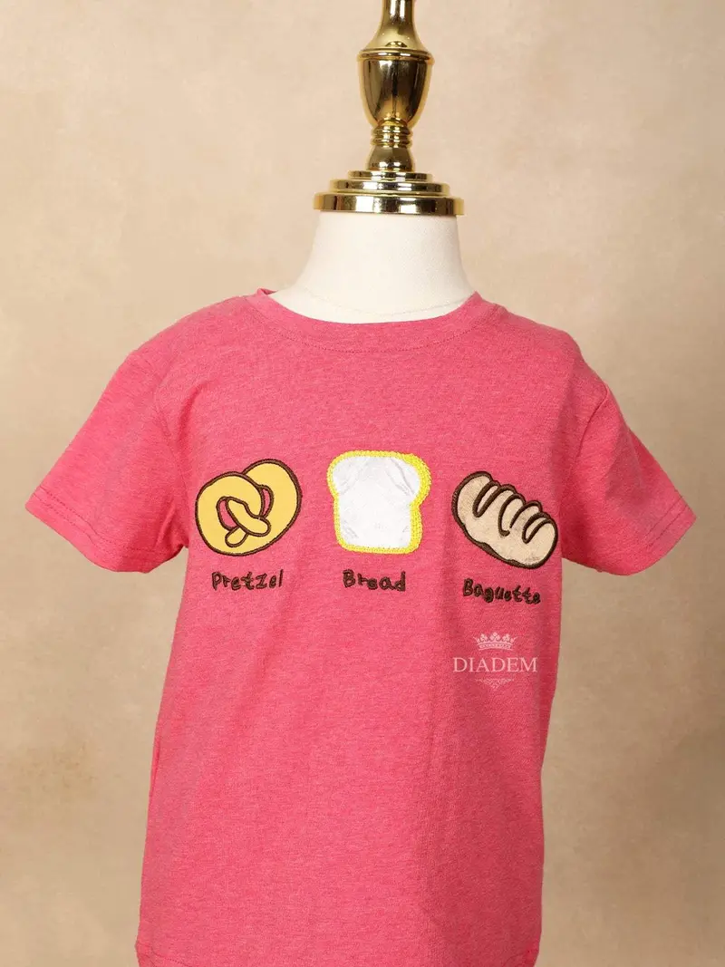 Pink Cotton Half Sleeve T-Shirt For Girls With Threadwork 4