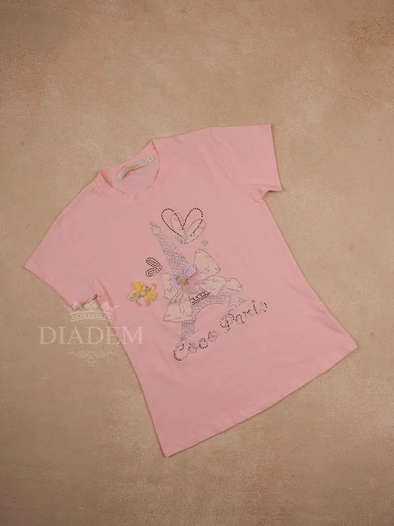 Pink Cotton Half Sleeve T-Shirt With 3D Floral And Bow Designs For Girls 1