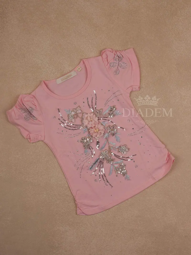 Pink Cotton Half Sleeve T-Shirt With 3D Floral And Sequins Designs For Girls 1