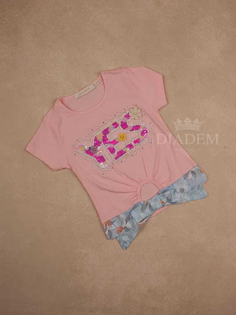 Pink Cotton Half Sleeve T-Shirt With 3D Floral And Sequins Designs For Girls 1