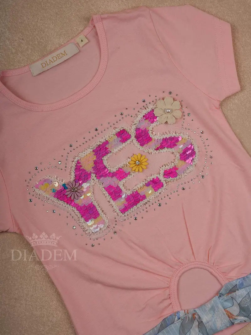 Pink Cotton Half Sleeve T-Shirt With 3D Floral And Sequins Designs For Girls 2