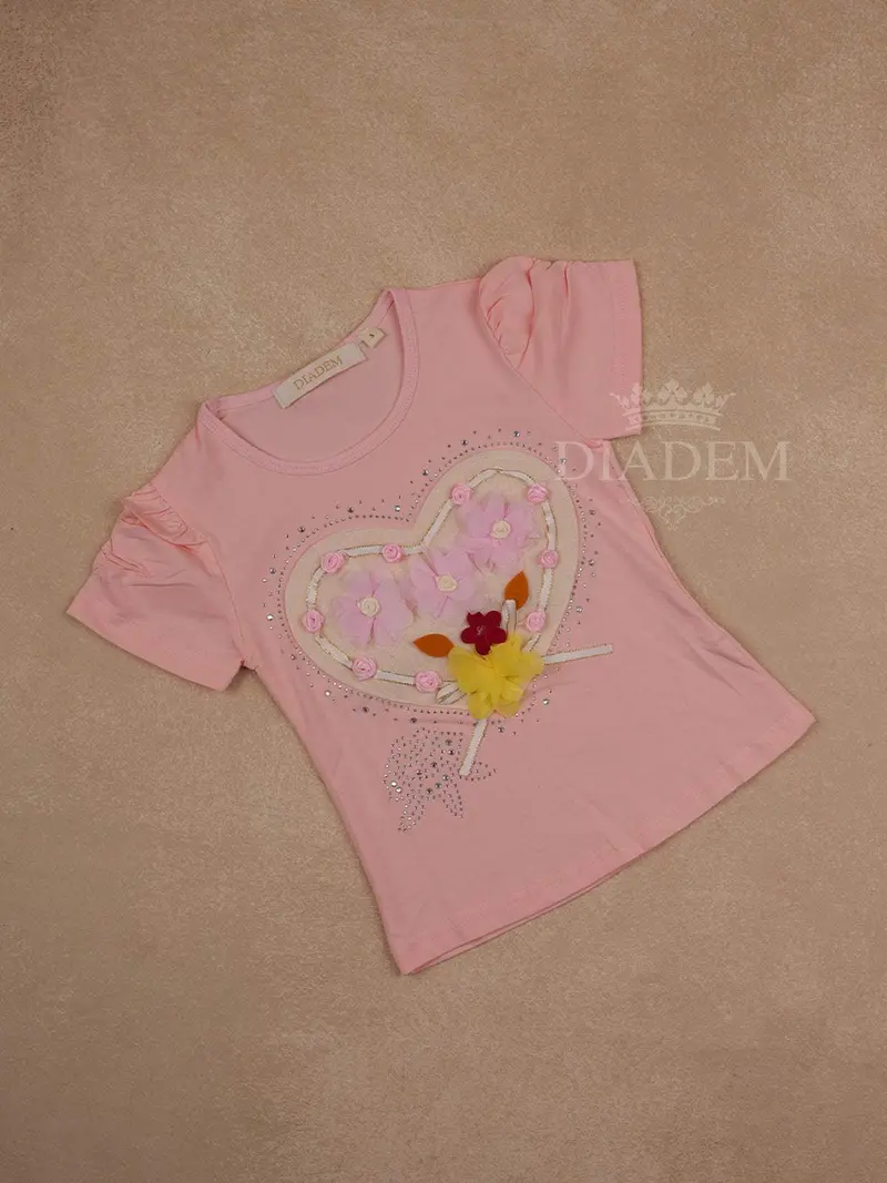 Pink Cotton Half Sleeve T-Shirt With Floral And Heart Patch Designs For Girls 1