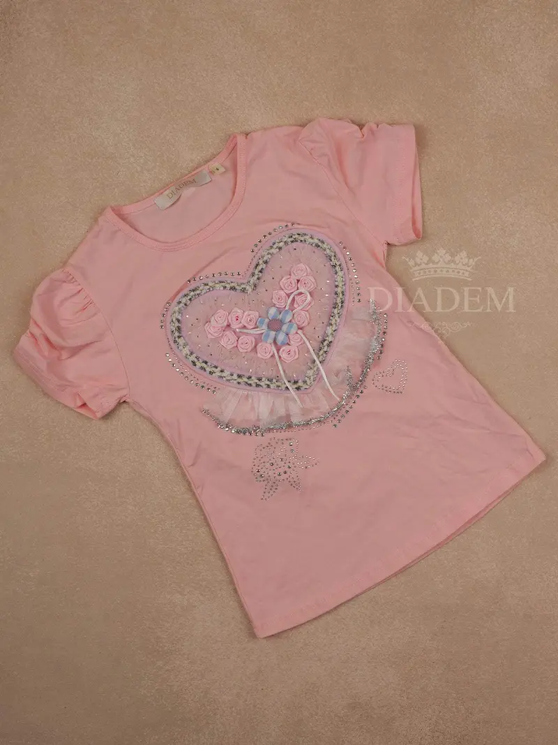 Pink Cotton Half Sleeve T-Shirt With Floral And Heart Patch Designs For Girls 1