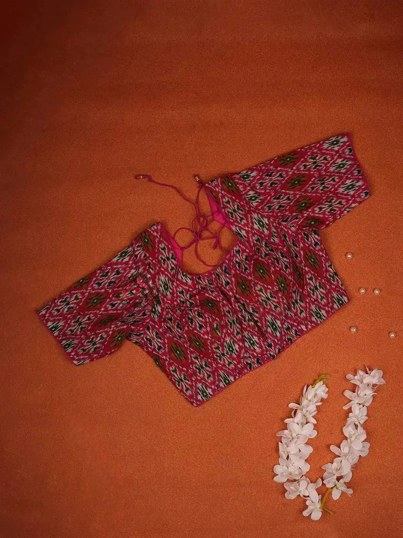 Pink Cotton Readymade Blouse Adorned With Ikat Designs 1