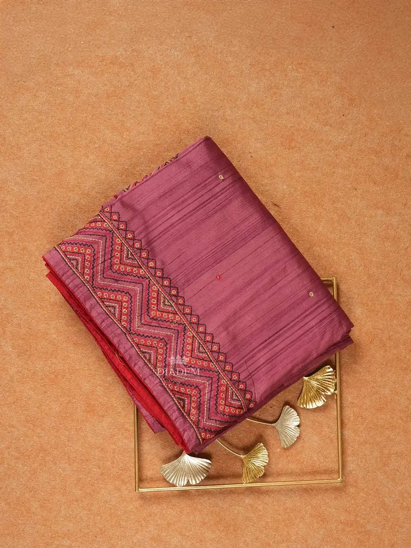 Pink Cotton Saree With Mirror Embroidery Work Designs On The Body With Designed Border 1