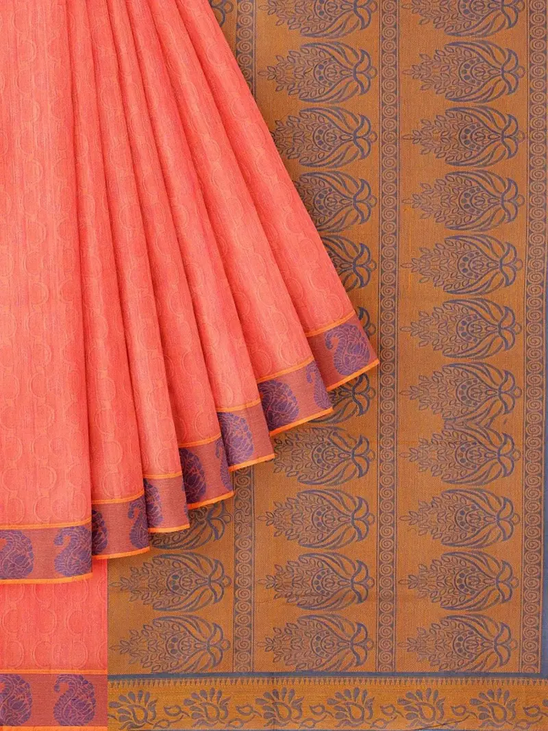 Pink Cotton Saree With Plain Body And Floral Thread Border 1