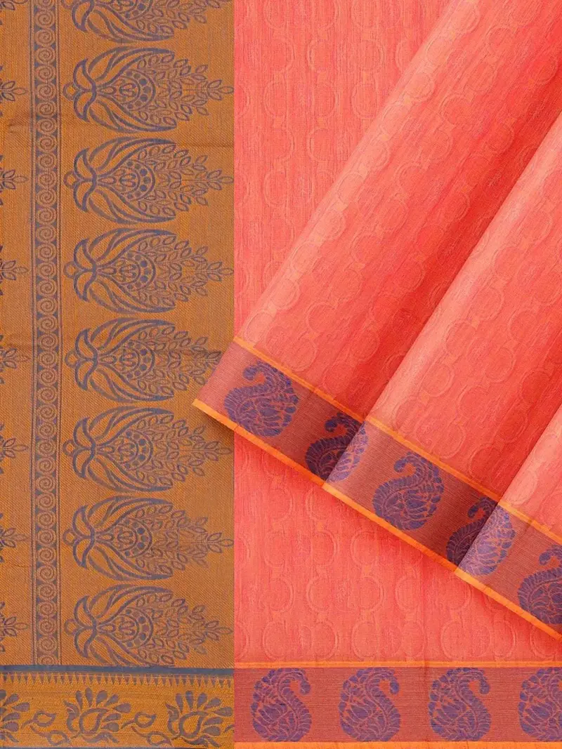 Pink Cotton Saree With Plain Body And Floral Thread Border 2