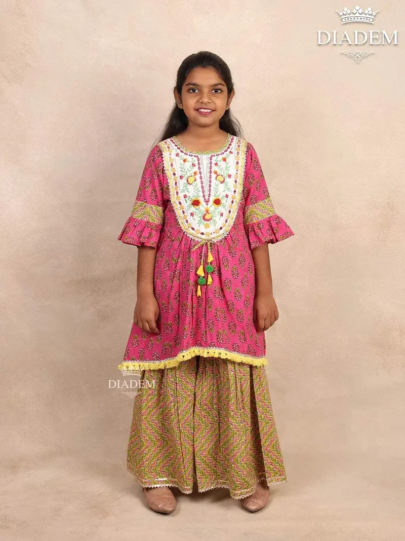 Pink Cotton Sharara Set With Printed And Embroidered Top 1