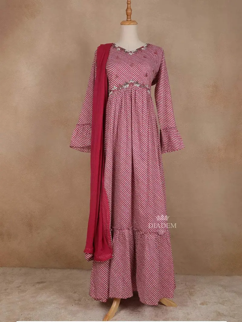 Pink Cotton Straight Cut Salwar Suit For Girls Adorned With Stripes And Mirror Design Paired With Dupatta 1