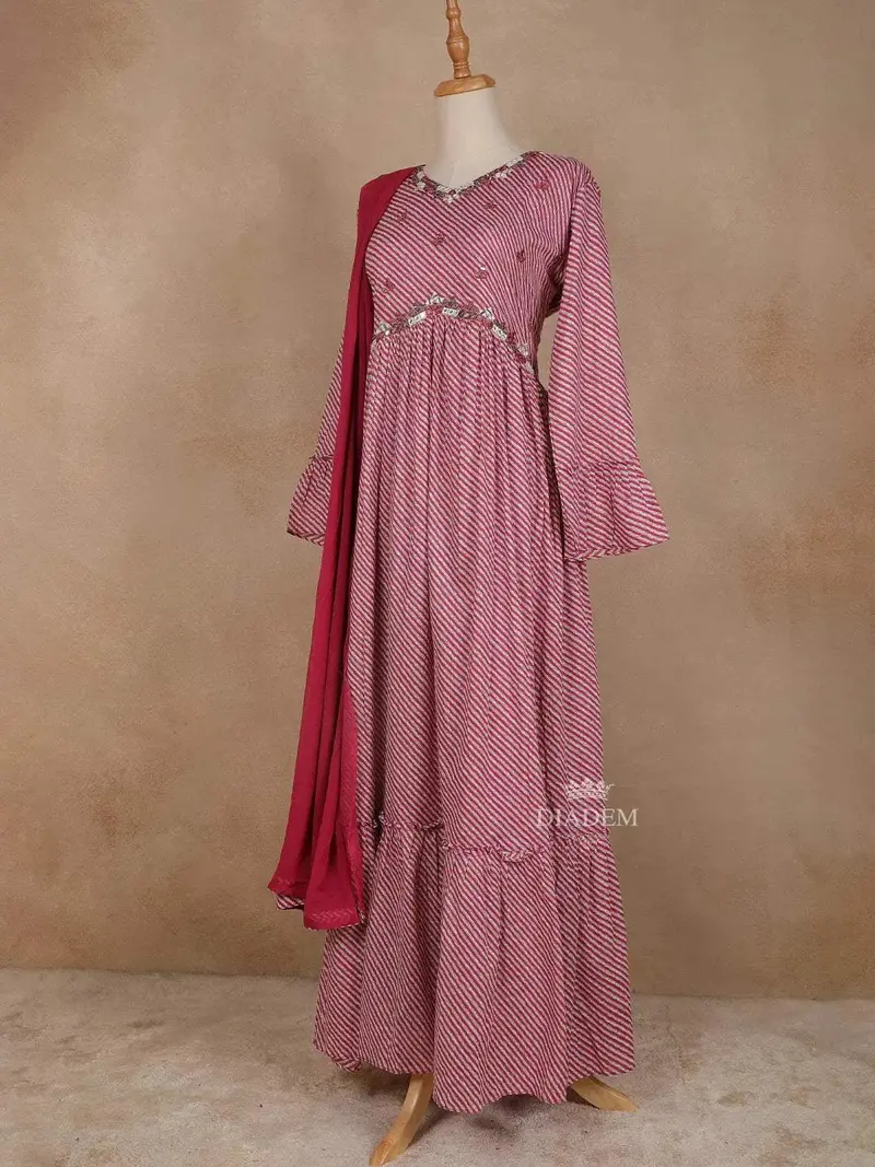 Pink Cotton Straight Cut Salwar Suit For Girls Adorned With Stripes And Mirror Design Paired With Dupatta 2