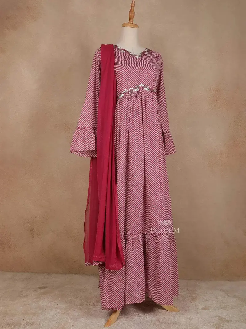 Pink Cotton Straight Cut Salwar Suit For Girls Adorned With Stripes And Mirror Design Paired With Dupatta 3