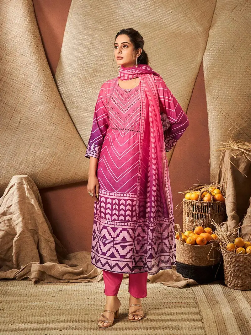 Pink Crepe Chevron Printed Salwar Suit For Women 1