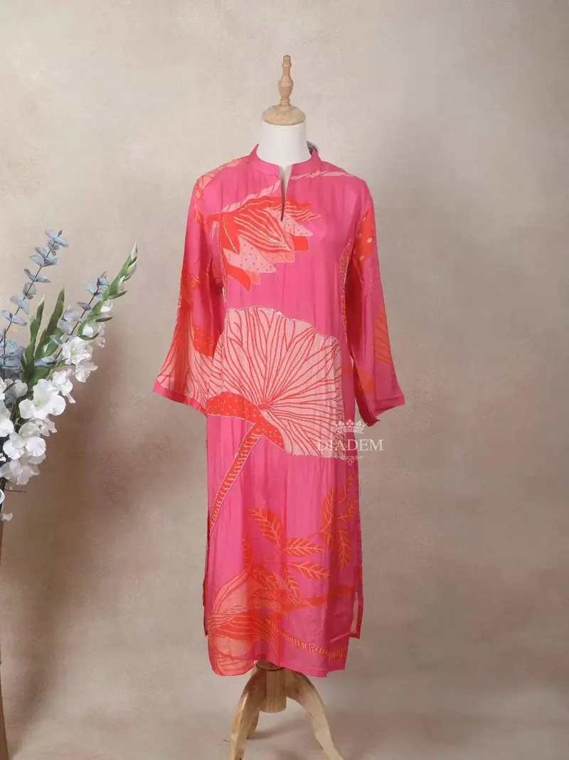 Pink Crepe Kurti Top Adorned With Floral Prints And Full Sleeve 1