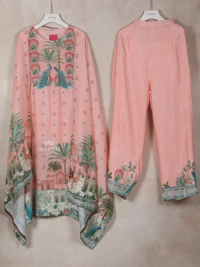 Pink Crepe Straight Cut Salwar Suit For Girls Adorned With Peacock And Floral Design, Paired With Dupatta 1