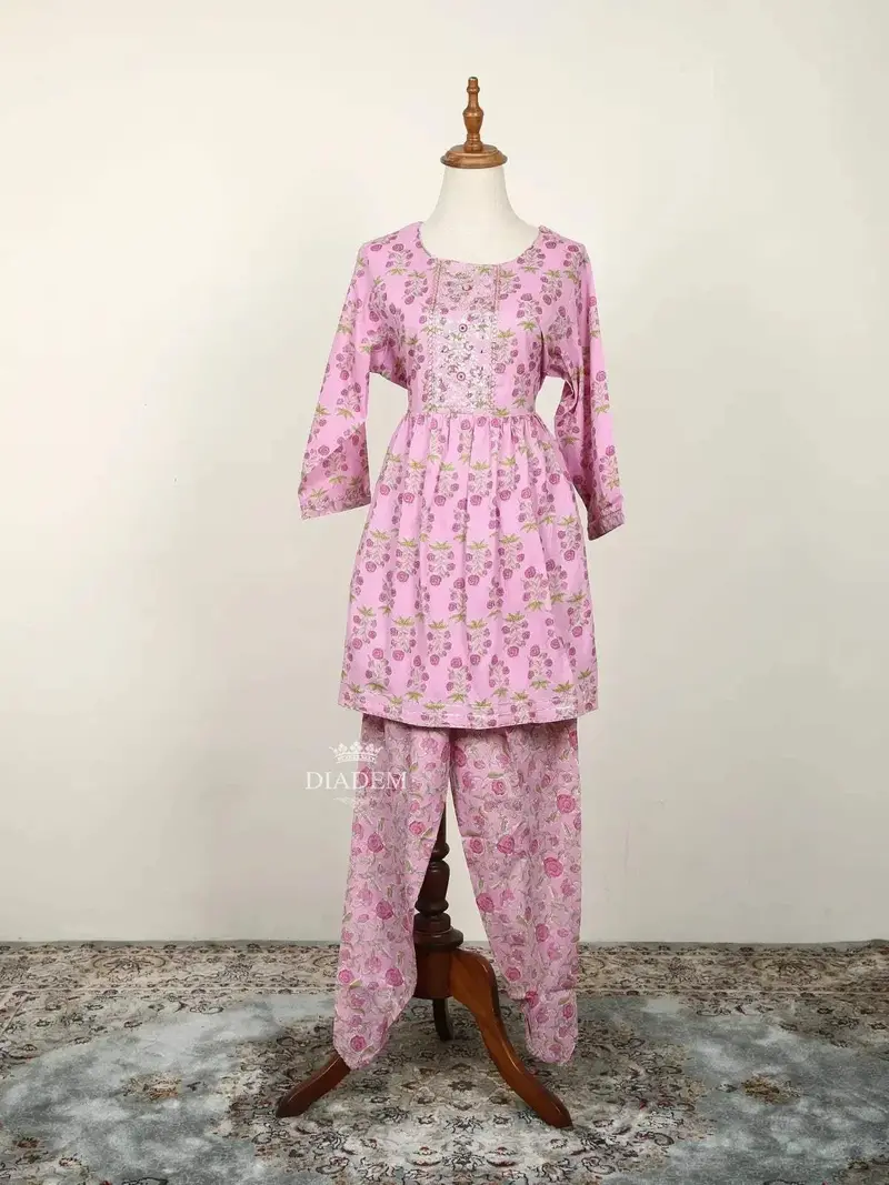 Pink Dhoti Pants With Floral Prints And Threadwork Peplum Top Salwar Suit 1
