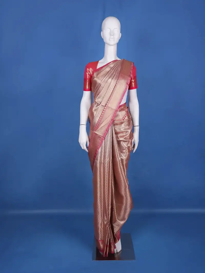 Pink Diamond Waffle Design Semi Tissue Saree 1