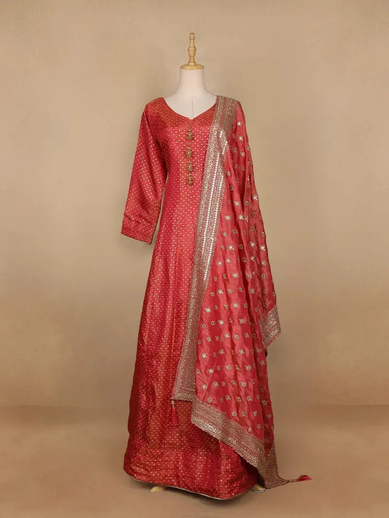 Pink Dot Designed Tissue Silk Gown 1
