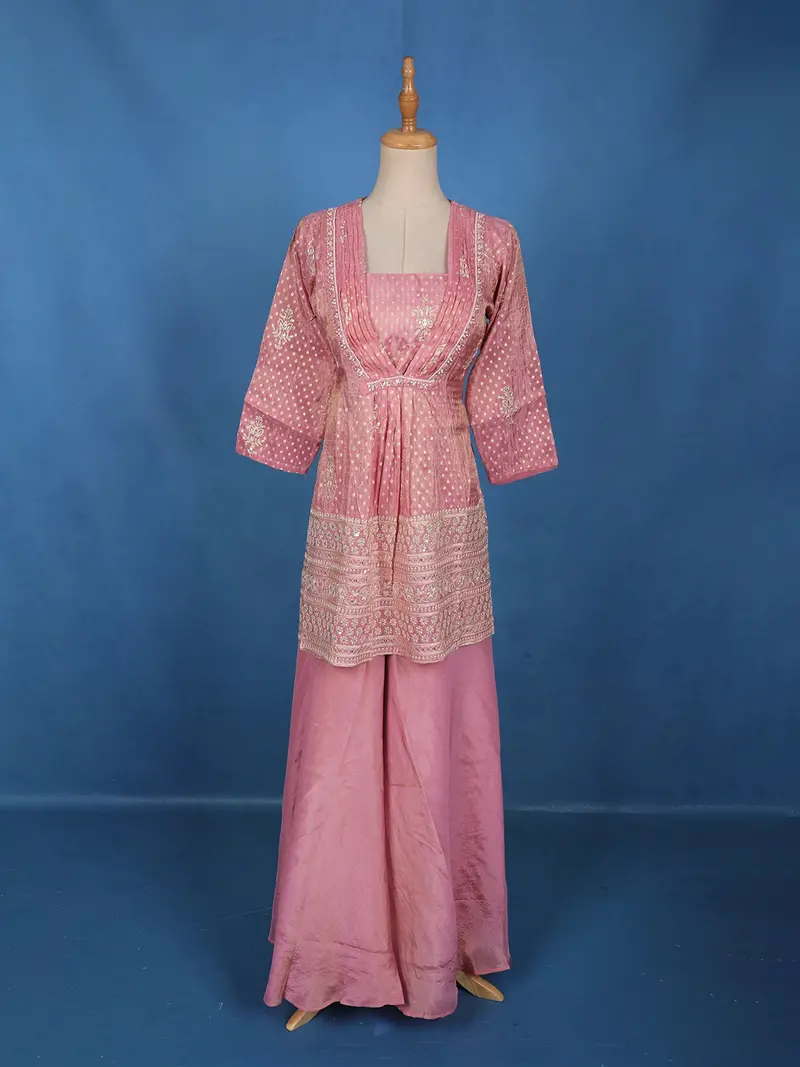Pink Embroidered Design Silk Palazzo Suit 1