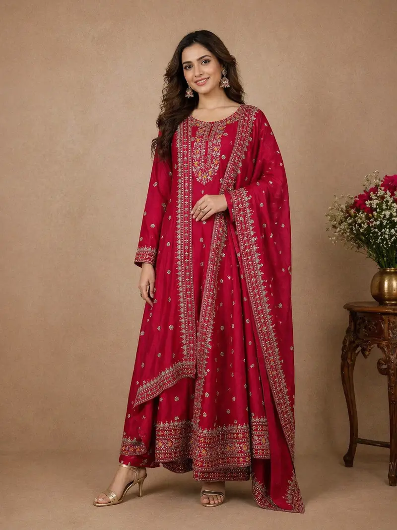 Pink Embroidered Designed Crepe Anarkali Salwar Suit 1