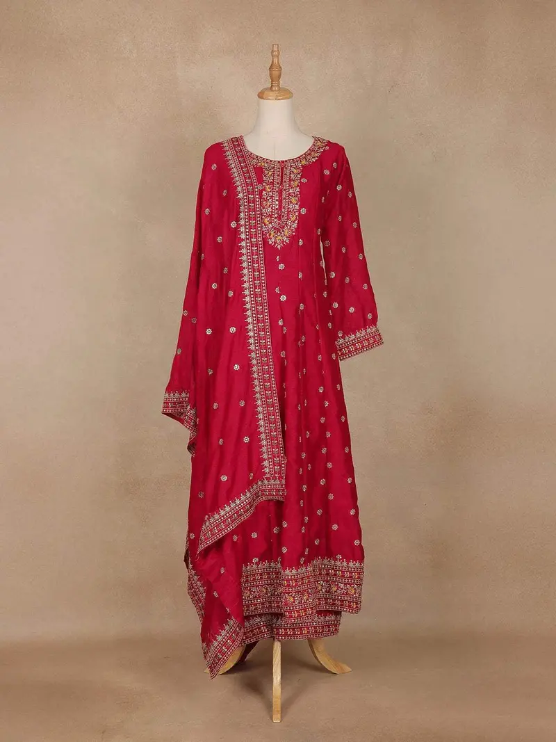 Pink Embroidered Designed Crepe Anarkali Salwar Suit 2