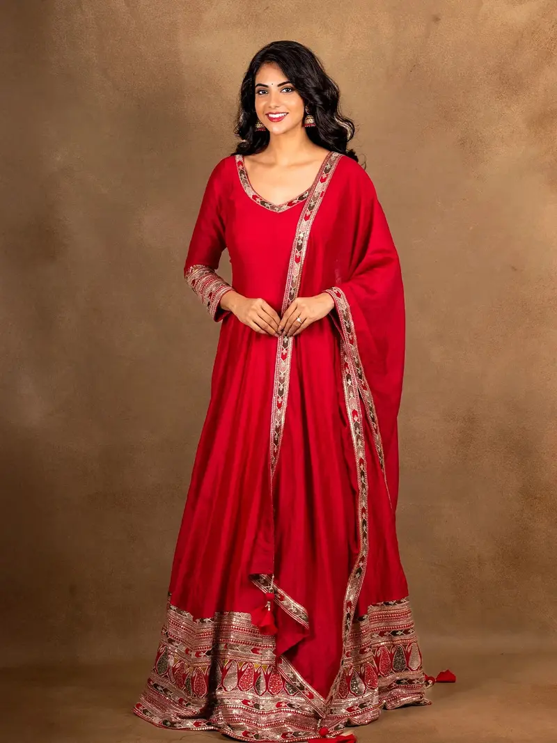 Pink Embroidery Designed Semi Silk Gown 1