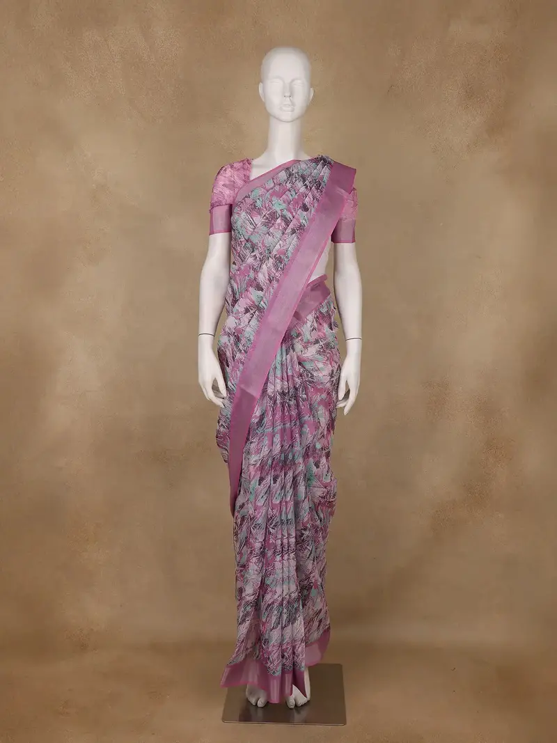 Pink Floral Abstract Design Semi Tissue Saree 1