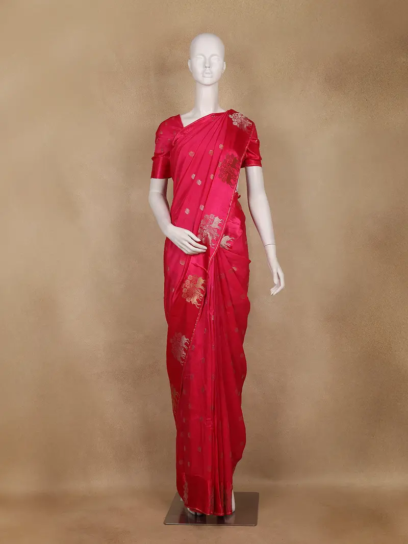 Pink Floral Butta Design Semi Banarasi Silk Saree 1