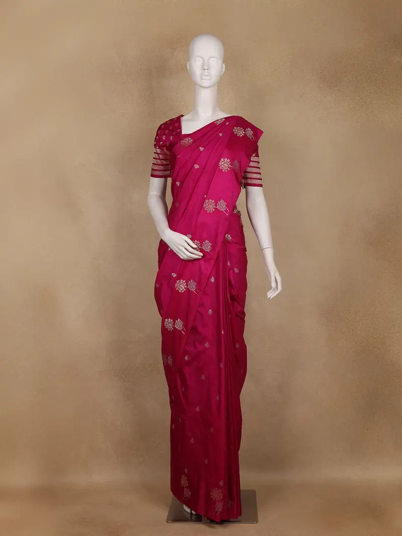 Pink Floral Butta Woven Design Semi Banarasi Silk Saree 1