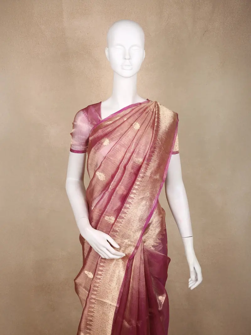 Pink Floral Butta Woven Tissue Saree With Designer Zari Border 2