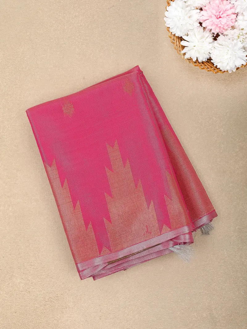 Pink Floral Butta Zari Woven Design Tissue Designer Saree With Temple Border 1