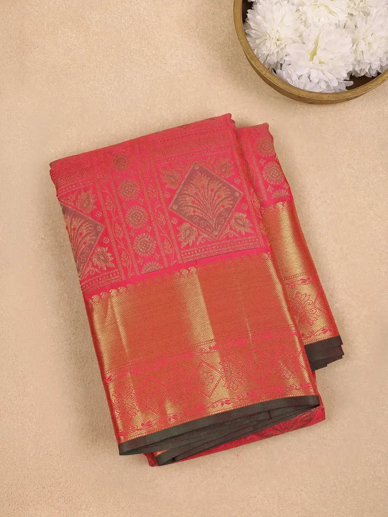 Pink Floral Buttis Pure Kanchipuram Silk Saree 1