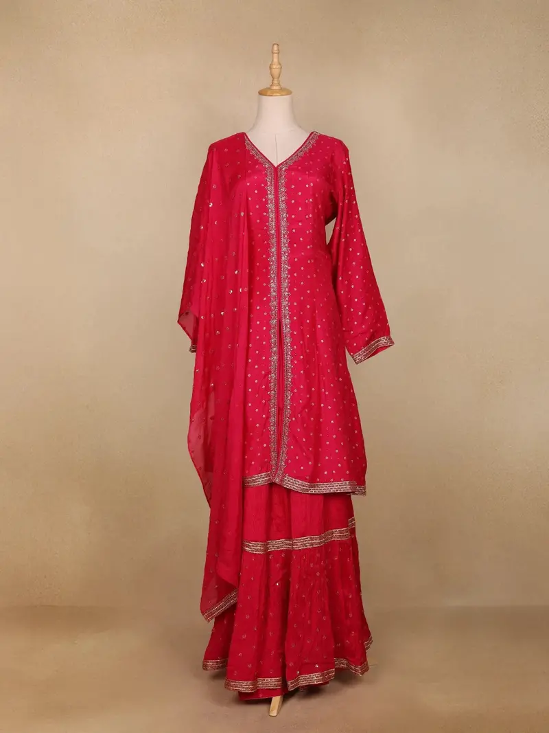 Pink Floral Buttis Semi Silk Sharara Salwar Suit 1