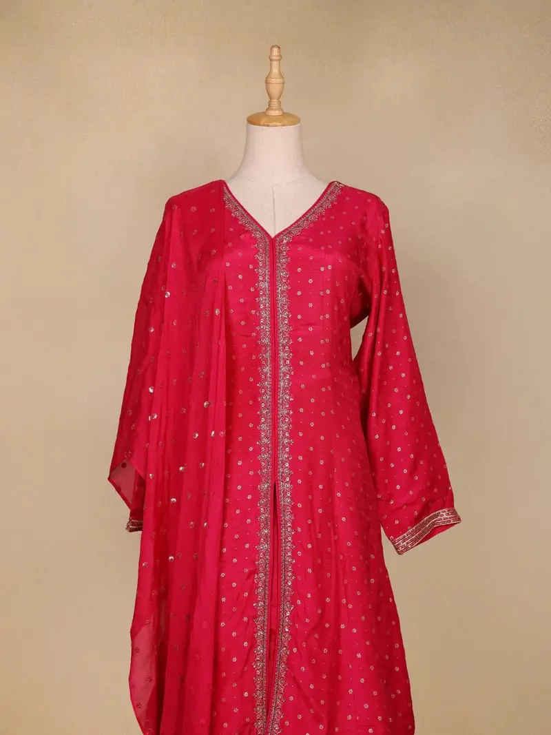 Pink Floral Buttis Semi Silk Sharara Salwar Suit 2