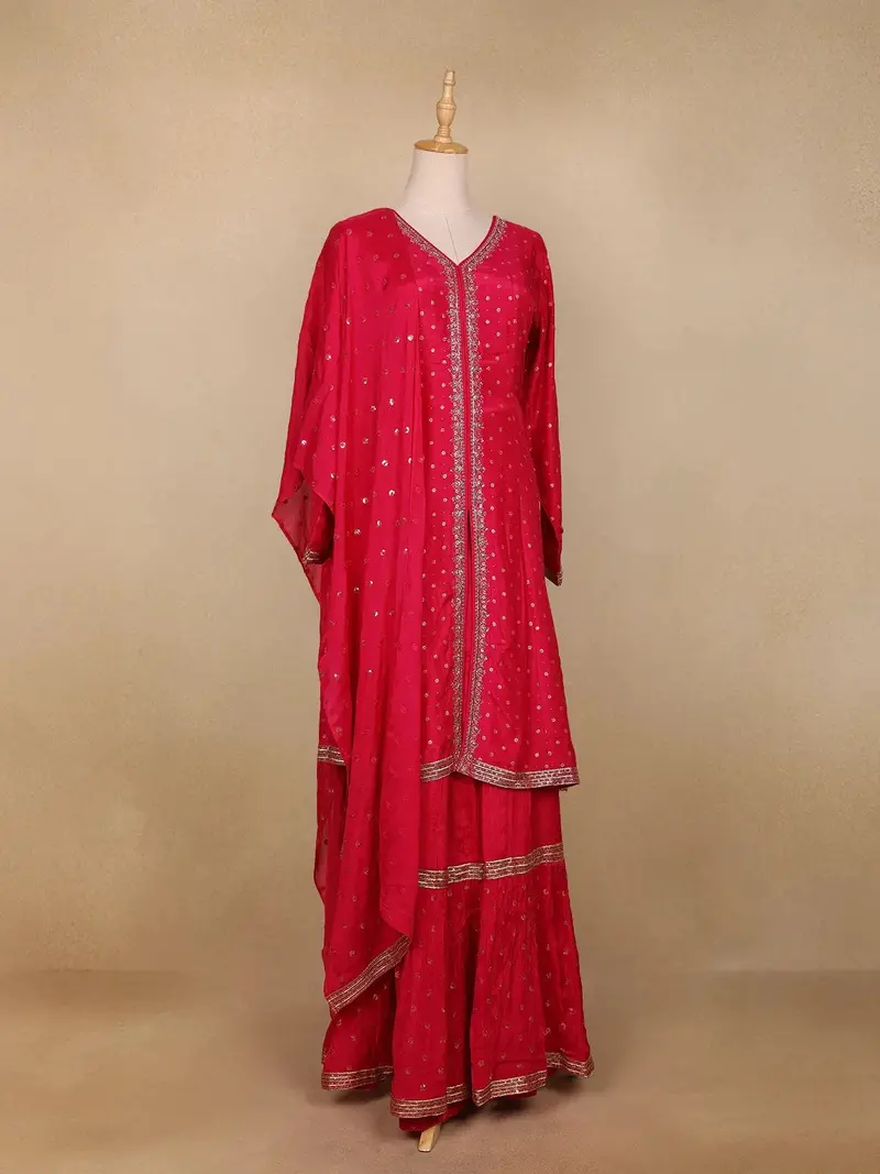 Pink Floral Buttis Semi Silk Sharara Salwar Suit 3