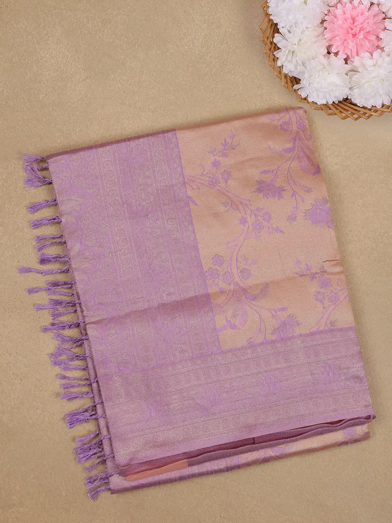 Pink Floral Design Art Silk Saree With Lavender Border 1