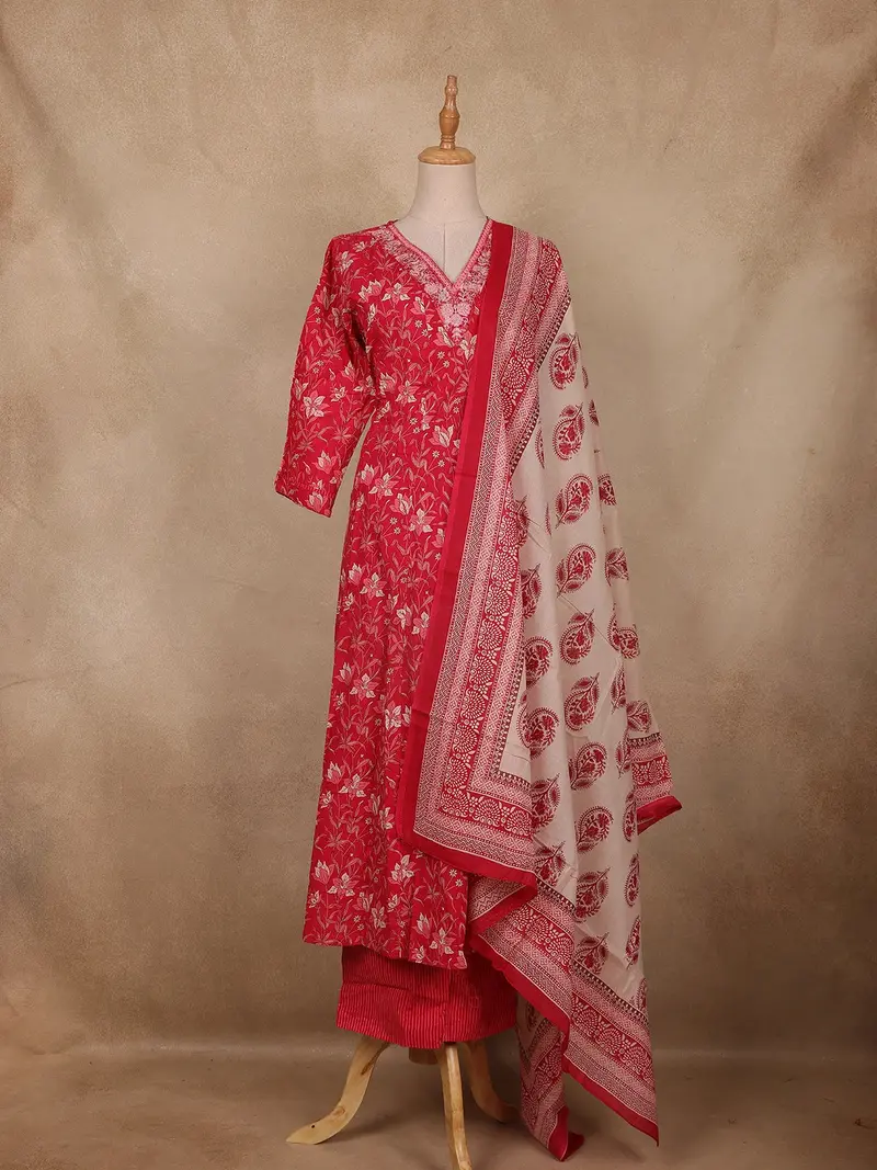 Pink Floral Design Cotton Salwar Suit With Dupatta 1